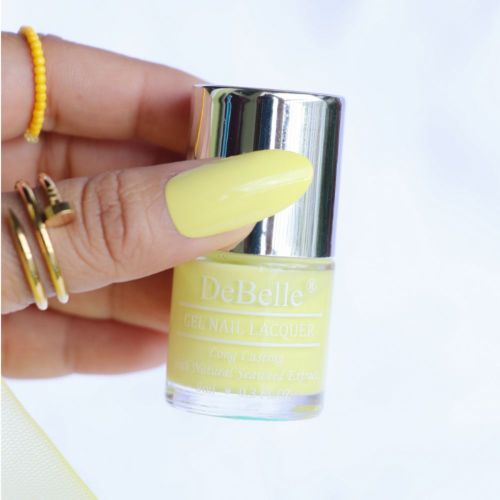 Pretty nails with DeBelle gel nail color Lemon  Tart. Available at DeBelle Cosmetix online store .