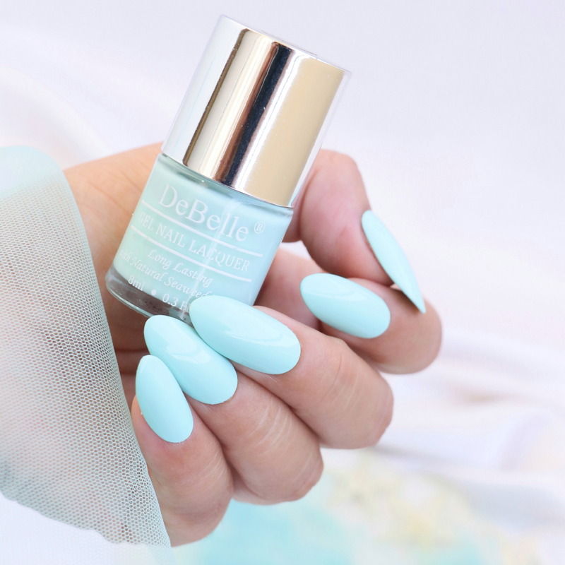 A beautiful mint blue-DeBelle gel nail color Mint Amour. Shop online at DeBelle Cosmetix online store from the comfort of your home.