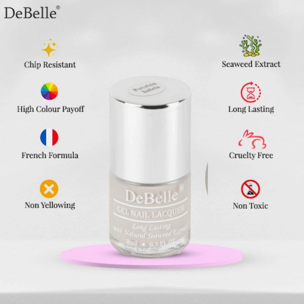 Infographic of debelle gel nail polish of a beige shade