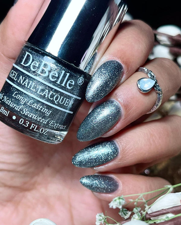 DeBelle Gel Nail Lacquer Grey Glitteratti - Silver Glitter Nail Polish - DeBelle Cosmetix Online Store