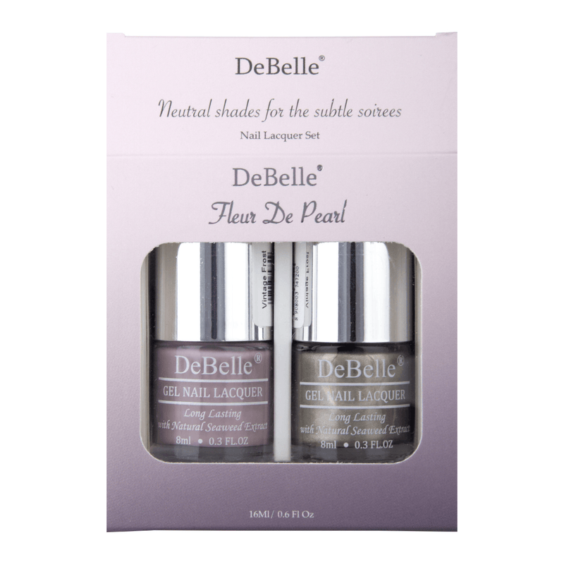 Buy this attractive DeBelle  Fleur De Pearl Gift Setof 2 nail polishes Vintage Frost and Rustique Gold  at DeBelle Cosmetix Online Store  with COD facility.