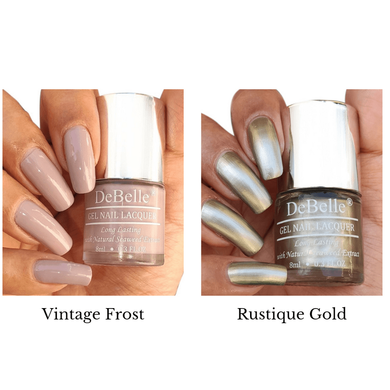 The best gift DeBelle Fleur De Pearl Gift Set of 2 nail Polishes -Vintage Frost and Rustique Gold and Vintage Frost.Available at DeBelle Cosmetix online store at affordable price.