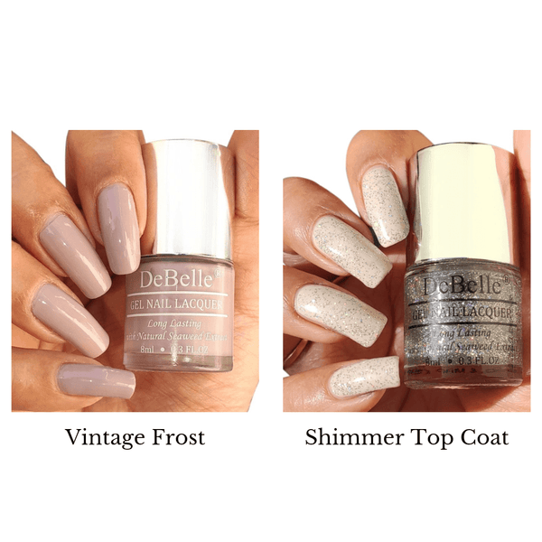 Vintage Frost and  Shimmer top coat two exclusive shades you will love. Shop online from the comfort of your home at DeBelle Coemetix online store.