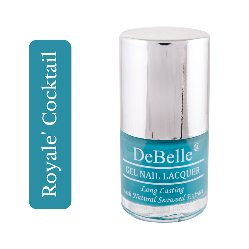 Bright looking nails with this turquoise blue DeBelle gel nail color Royale Cocktail. Buy this vegan, cruelty free shade at DeBelle Cosmetix online store. 