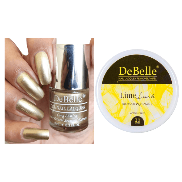 Combo of DeBelle gel nail color Chrome gold and Lime Lush  remover wipes is available at DeBelle Cosmetix online store at affordable price.
