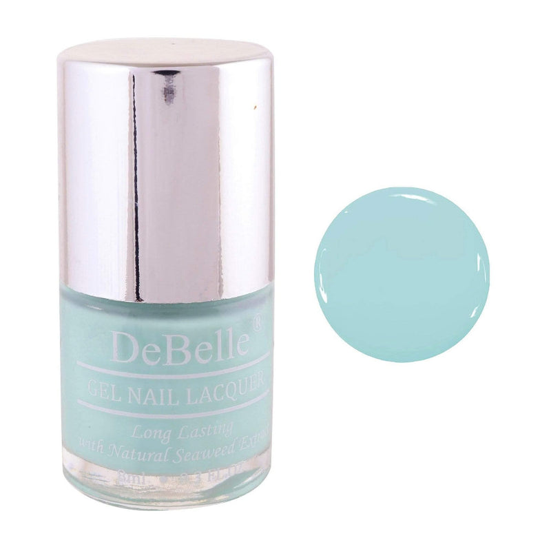 Look cool with this  shade of blue on your nails-Debelle gel nail color Mint Amour.