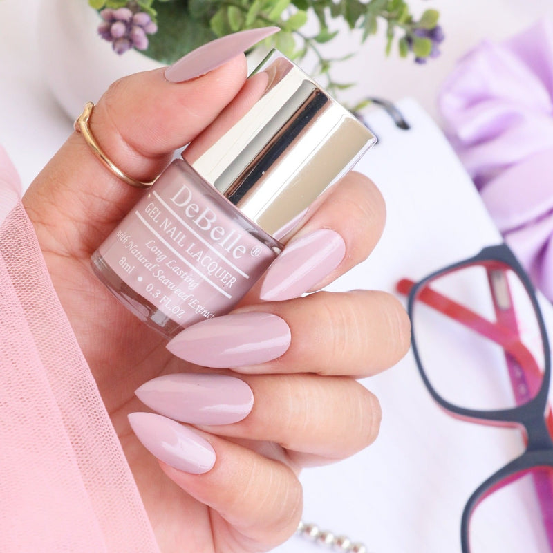 The light  pastel purple on your nails withDebelle gel nail color Vintage Frost. Available at DeBelle Cosmetix online store.