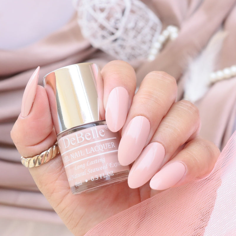 Close-in view of the Debelle light pink and get glamorous shade with our nail polish