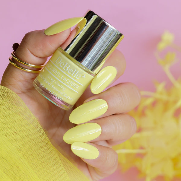 The beauty of yellow on your  nails with Debelle gel nail color Lemon Tart . Available at DeBelle Cosmetix online store with COD facility.