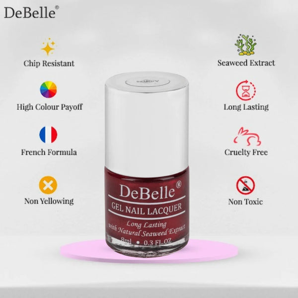 DeBelle Gel Nail Lacquer Antares -(Deep Maroon Pearl Finish  Nail Polish), 8ml