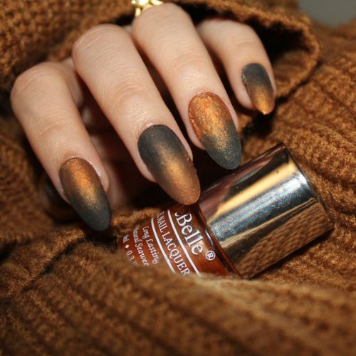 Nai art with DeBelle gel nail  color Aurora the amber with copper orange  glitter shade. This shade enriched with hydrating seaweed extract is available at DeBelle Cosmetix online store.