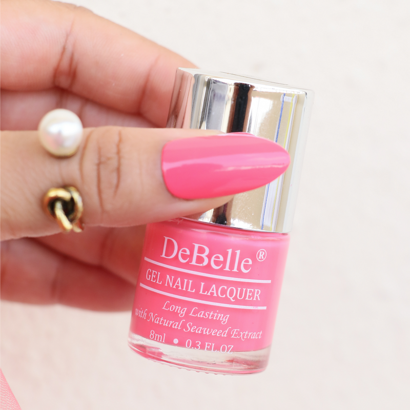 Match your pearls with DeBelle gel nail color Bebe Kiss the hot pink shade on your nails . Shop online at DeBelle Cosmetix online store. 