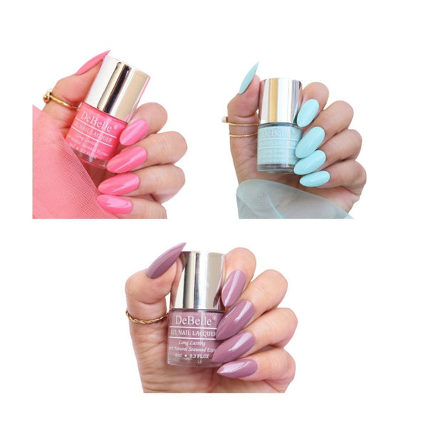 DeBelle Gel Nail Lacquer Combo Set of 3 Bebe Kiss (Hot Pink), Mint Amour (Mint Blue) & Majestique Mauve (Mauve) , 24 ml