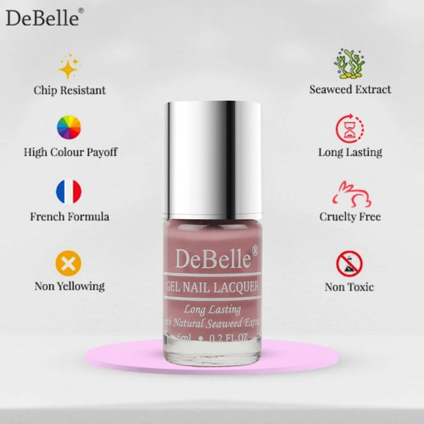 infographics of debelle light mauve nail polish bottle with its features 