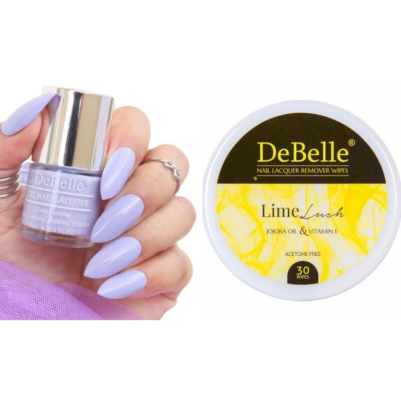DeBelle Gel Nail Lacquer Blueberry Bliss & Lime Lush Nail Lacquer Remover Wipes Combo