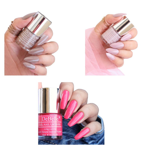 DeBelle Gel Nail Lacquer Combo of 3 Fuschia Rose (Fuschia Pink), Coco Bean (Light Brown) & Vintage Frost (Pastel Purple)