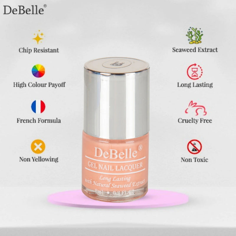 infographics of debelle nail polish bottle with its features and its features.