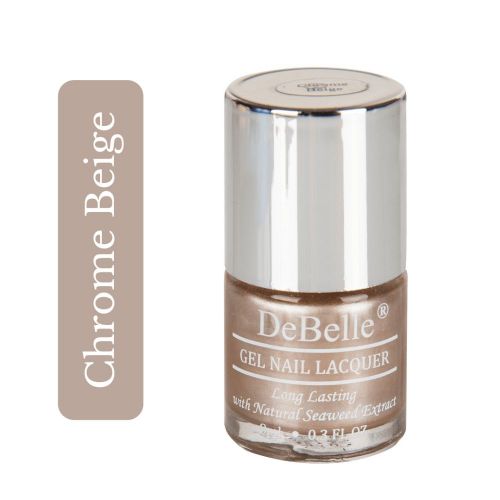 Elegant nails with DeBelle gel nail color Chrome Beige the beige with a metallic sheen.This non toxic shade is available at DeBelle Cosmetix online store.