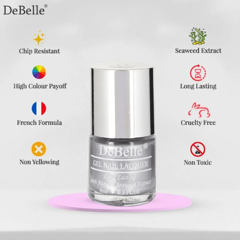 Infographics of debelle metallic silver nail polish bottle against a white background 