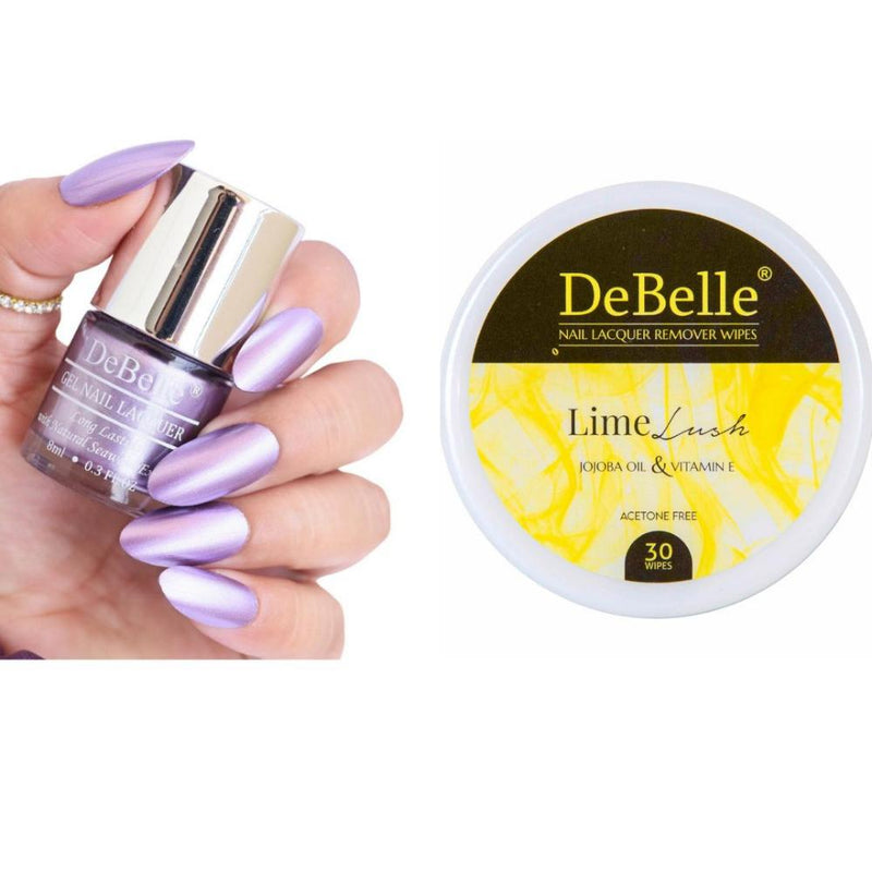 DeBelle Gel Nail Lacquer Chrome Wine & Lime Lush Nail Lacquer Remover Wipes Combo