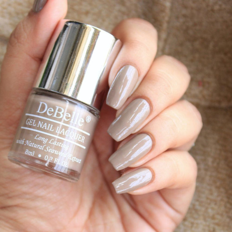 Elegant nails with DeBelle gel nail color Coco Bean the light brown shade. Shop for this vegan , chip resistant nail color at DeBelle cosmetix online store.