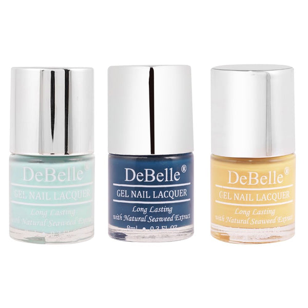 DeBelle Gel Nail Lacquers Combo of 3 Bleu Allure, Mint Amour and Yellow Topaz - 8 ml each