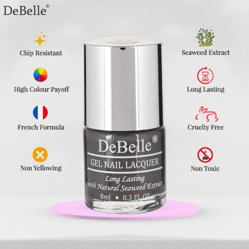 Infographics of debelle dark grey nail polish against a white background 