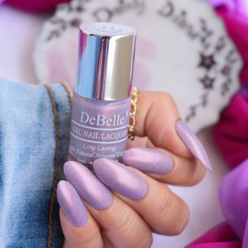 You will love this purple with the shimmer-DeBelle gel nail color Dainty Diana. Shop online at DeBelle Cosmetix online store with COD facility.