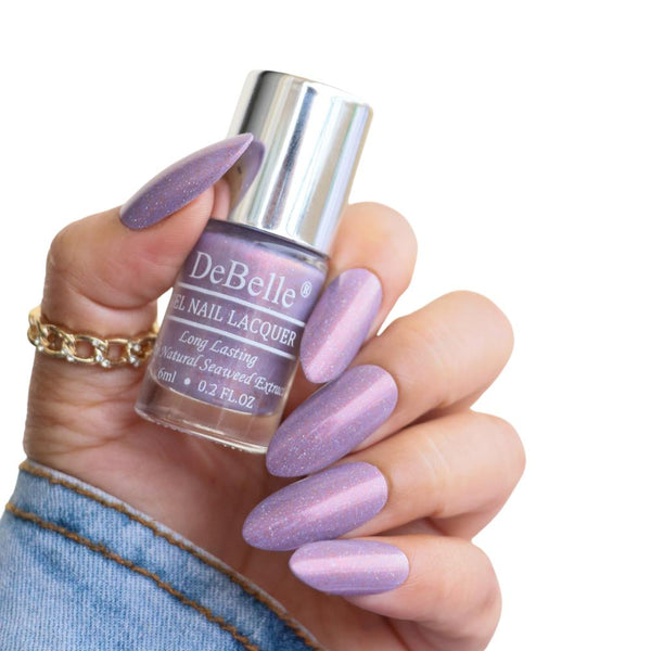 DeBelle Gel Nail Lacquer Hello Hannaah (Light Purple with Gold Micro Shimmer Nail Polish), 6 ml