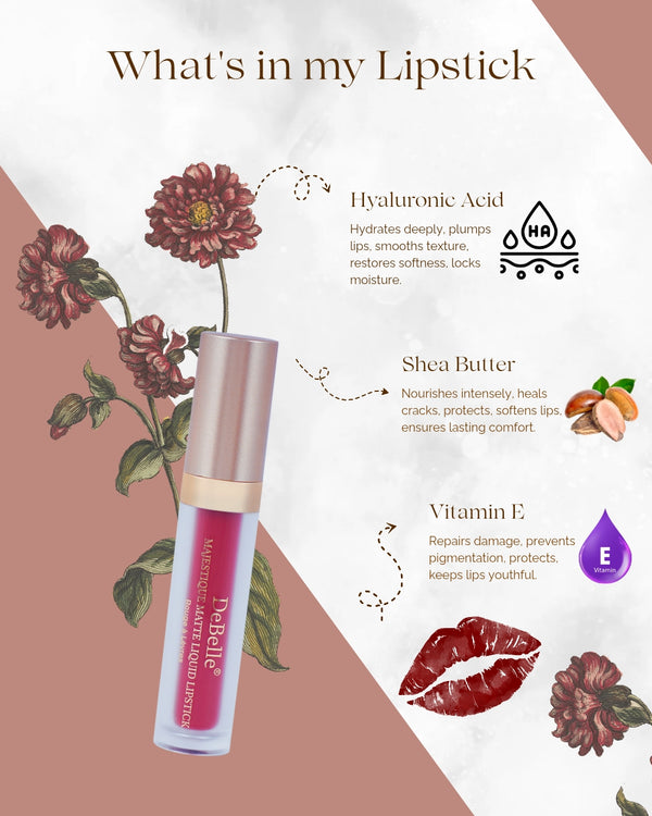Lipstick with ingredients listed on a decorative background with flowers and lip prints