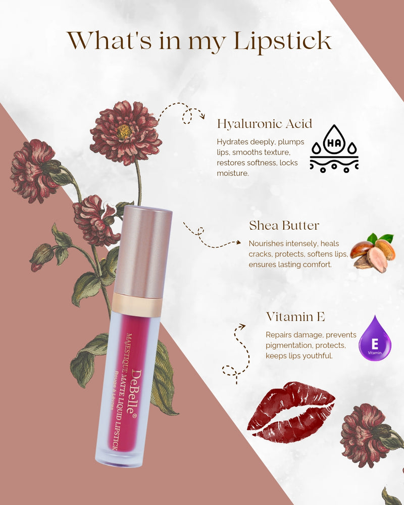 Lipstick with ingredients listed on a decorative background with flowers and lip prints