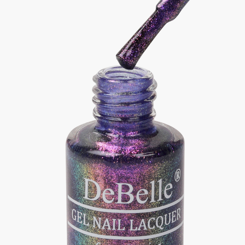 Dazzling nails with DeBelle gel purp-le shade with glitter Delightful Daphne. Available at DeBelle Cosmetix online store.