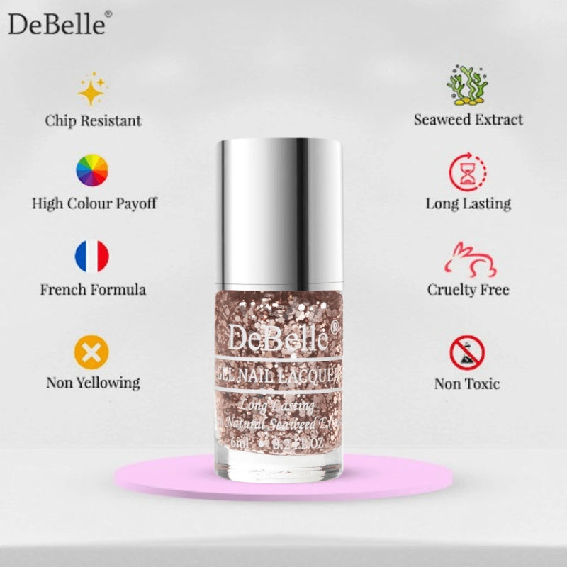 DeBelle Gel Nail Lacquer Elite Tiffany (Rose Gold Flaky Glitter Top Coat), 6 ml