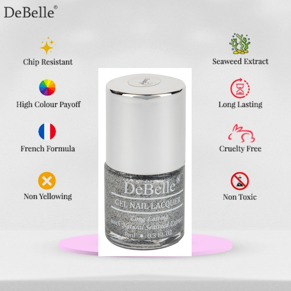 DeBelle Gel Nail Lacquer Estella - (Silver with Black Glitter; Sugar Finish Nail Polish), 8ml