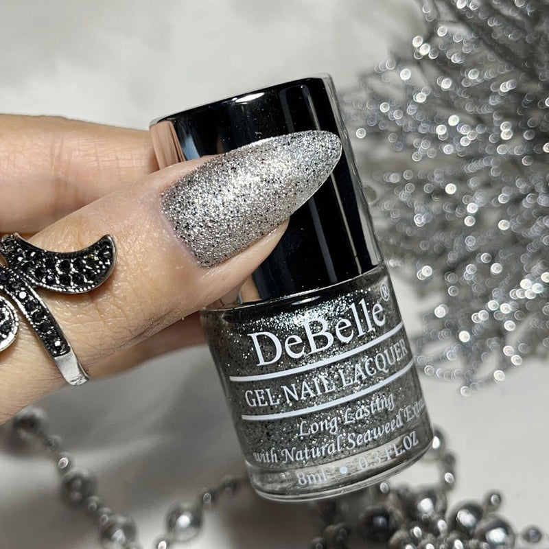 DeBelle Gel Nail Lacquer Estella - (Silver with Black Glitter; Sugar Finish Nail Polish), 8ml