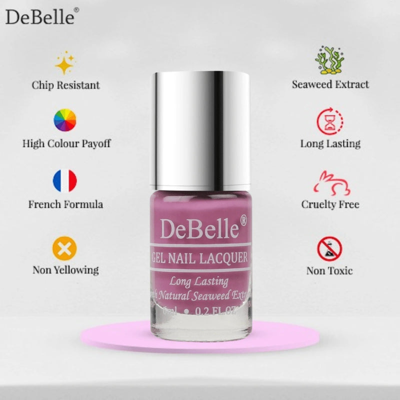 Infographic of debelle dark pink nail polish bottle against a white background