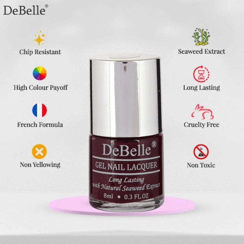 Infographic of debelle deep marron nail polish bottle against a white background.