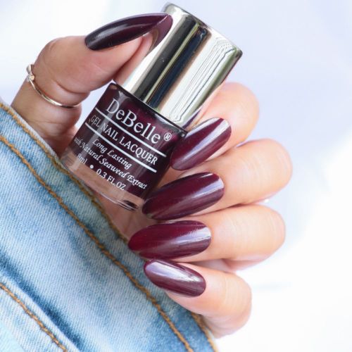 Glamorous nails with DeBelle gel nail color Glamorous Garnet. Available at  DeBelle Cosmetix  online store with COD facility.