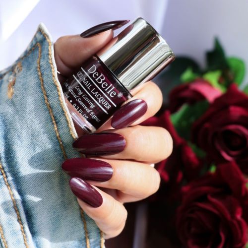 Trendy nails with DeBelle gel anil color Glamorous Garnet. Available at DeBelle Cosmetix online store at affordable price.