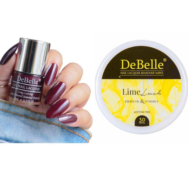DeBelle Gel Nail Lacquer Glamorous Garnet & Lime Lush Nail Lacquer Remover Wipes Combo