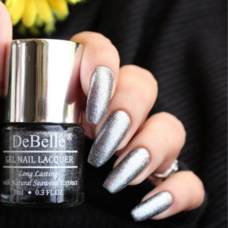 DeBelle Gel Nail Lacquers Combo Set of 2 BeBe Kiss (Hot Pink) & Grey Glitteratti (Grey Glitter), 16 ml