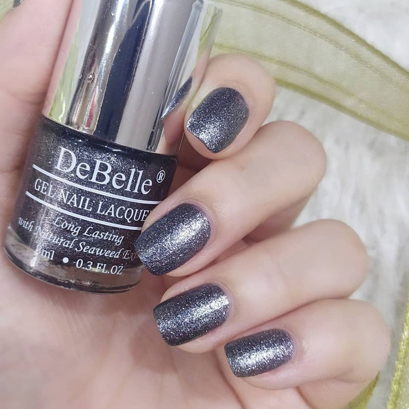 The grey with a glitter- an exclusive shade of DeBelle available at DeBelle  Cosmetix online store.