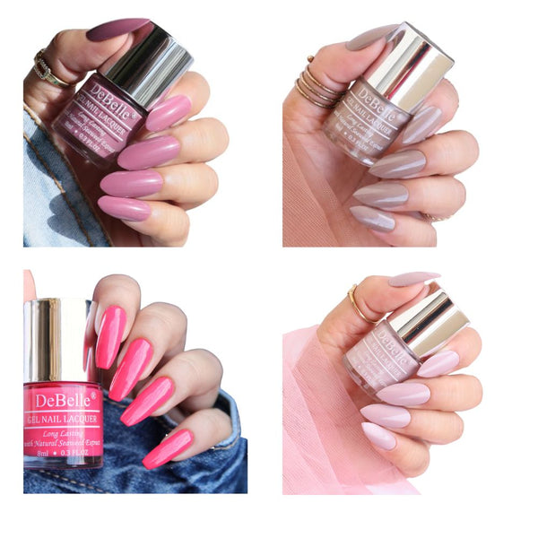 DeBelle Gel Nail Lacquer Combo Set of 4 Laura Aura, Coco Bean, Vintage Frost, Fuschia Rose