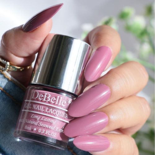 Dainty are your nals with this beautiful mauve DeBelle gel nail color Laura  Aura  at their tips. This vegan ,cruelty free, non toxic trendy shade is available at DeBelle Cosmetix online store with COD facility.