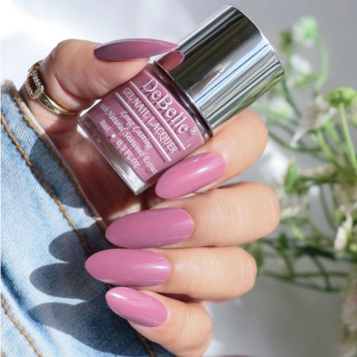 The look of elegance with DeBelle gel nail  mauve shade Laura Aura. Shop online at DeBelle Cosmetix online store with COD facility.