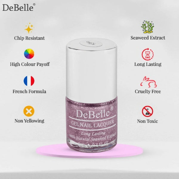 Infographics of debelle nail polish bottle with a white background 