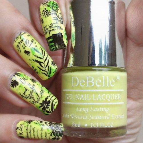 Creative nail art with DeBelle gel nail color Lemon Tart. Available at DeBelle Cosmetix online store.
