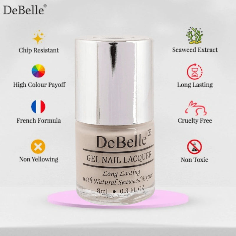 Infographic debelle light beige nail polish bottle with a white background