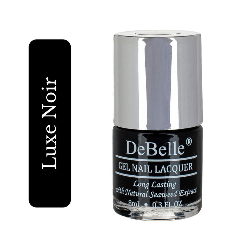 The mysterious black-DeBelle gel nail color Luxe Noir.