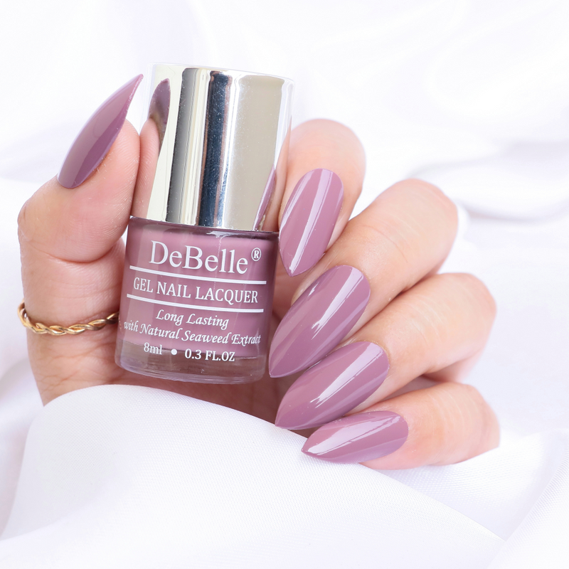 An elegant mauve _DeBelle gel nail color Majestique Mauve. shop online at DeBelle Cosmetix online store.